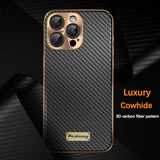 Luxury Plating Leather Carbon Fiber Texture Case with Alloy Len for iphone
