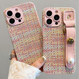 Elegant Color Woven Plaid Camellia Wrist Strap Case for iphone