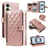 Plaid Zipper Wallet Leather Case with Hand & Crossbody Strap for iphone