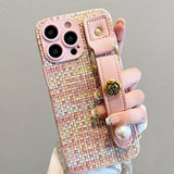 Elegant Color Woven Plaid Camellia Wrist Strap Case for iphone