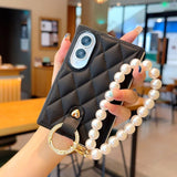 Quilted Leather Phone Case With Pearl Strap for Samsung Z Fold