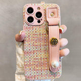 Elegant Color Woven Plaid Camellia Wrist Strap Case for iphone