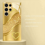 Gold Brushed Rhinestone Heart Glass Case for Samsung