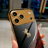 Gold Electroplated Glass with Wood‑Grain Leaping Horse Motif Case for iphone