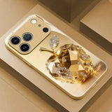 Gold Diamond‑Encrusted Apple Pattern Tempered Glass Case for iphone