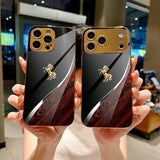 Gold Electroplated Glass with Wood‑Grain Leaping Horse Motif Case for iphone
