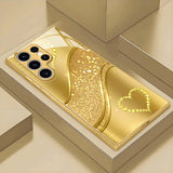 Gold Brushed Rhinestone Heart Glass Case for Samsung
