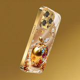 Gold Rhinestone Apple & Rose Pattern Glass Case for iphone