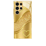 Gold Brushed Rhinestone Heart Glass Case for Samsung