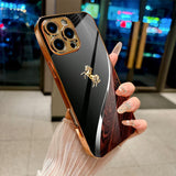 Gold Electroplated Glass with Wood‑Grain Leaping Horse Motif Case for iphone