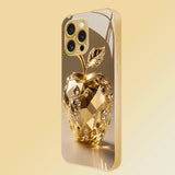Gold Diamond‑Encrusted Apple Pattern Tempered Glass Case for iphone