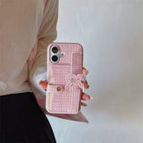 Woven‑Texture Heart Card Holder Wrist Strap Case for iphone