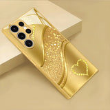 Gold Brushed Rhinestone Heart Glass Case for Samsung