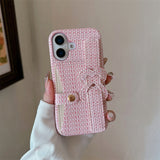 Woven‑Texture Heart Card Holder Wrist Strap Case for iphone