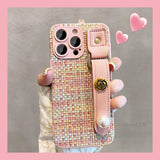 Elegant Color Woven Plaid Camellia Wrist Strap Case for iphone