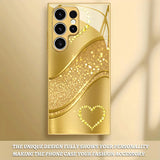 Gold Brushed Rhinestone Heart Glass Case for Samsung