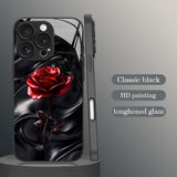 Black Silk Red Rose Pattern Glass Case for iphone