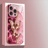 Gold Foil Pink Butterfly Pattern Glass Case for iphone