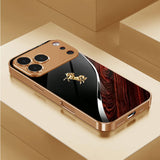 Gold Electroplated Glass with Wood‑Grain Leaping Horse Motif Case for iphone