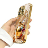 Gold Rhinestone Apple & Rose Pattern Glass Case for iphone