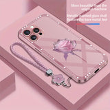 Ice‑Snow Rose Pattern Glass Case with Flower Lanyard for iphone
