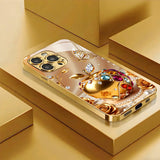 Gold Rhinestone Apple & Rose Pattern Glass Case for iphone