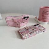 Woven‑Texture Heart Card Holder Wrist Strap Case for iphone