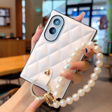Quilted Leather Phone Case With Pearl Strap for Samsung Z Fold