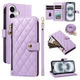 Plaid Zipper Wallet Leather Case with Hand & Crossbody Strap for iphone
