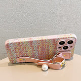 Elegant Color Woven Plaid Camellia Wrist Strap Case for iphone