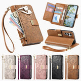 Leather Zipper Flip Case With Card Slots & Wrist Strap for iphone